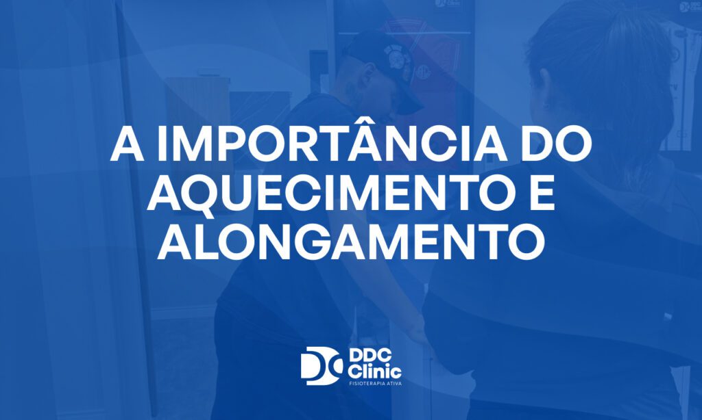 Fundo azul e com letras brancas está escrito A importância do aquecimento e alongamento
