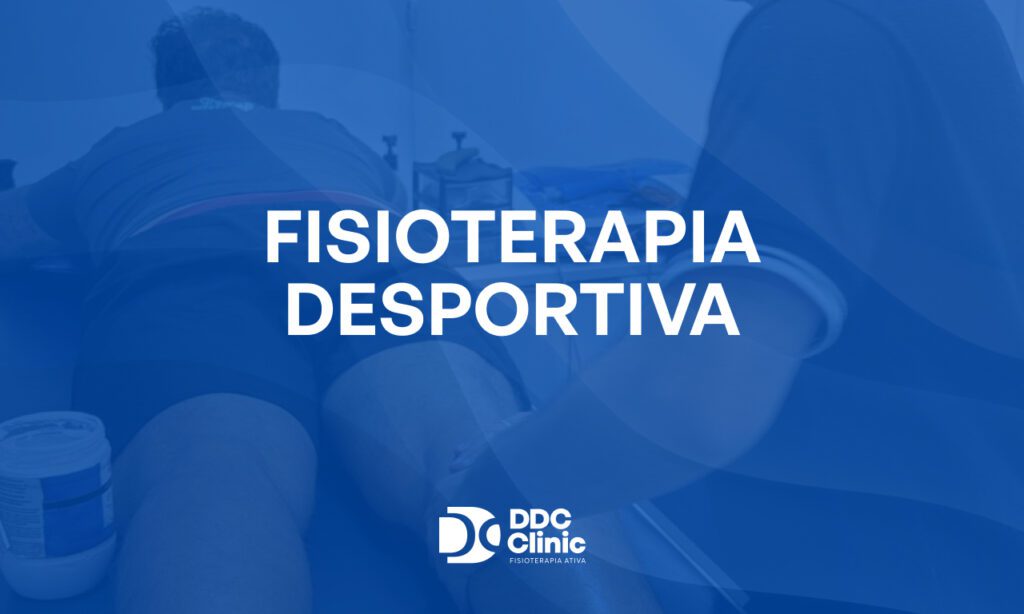 Fundo azul e com letras brancas está escrito Fisioterapia desportiva