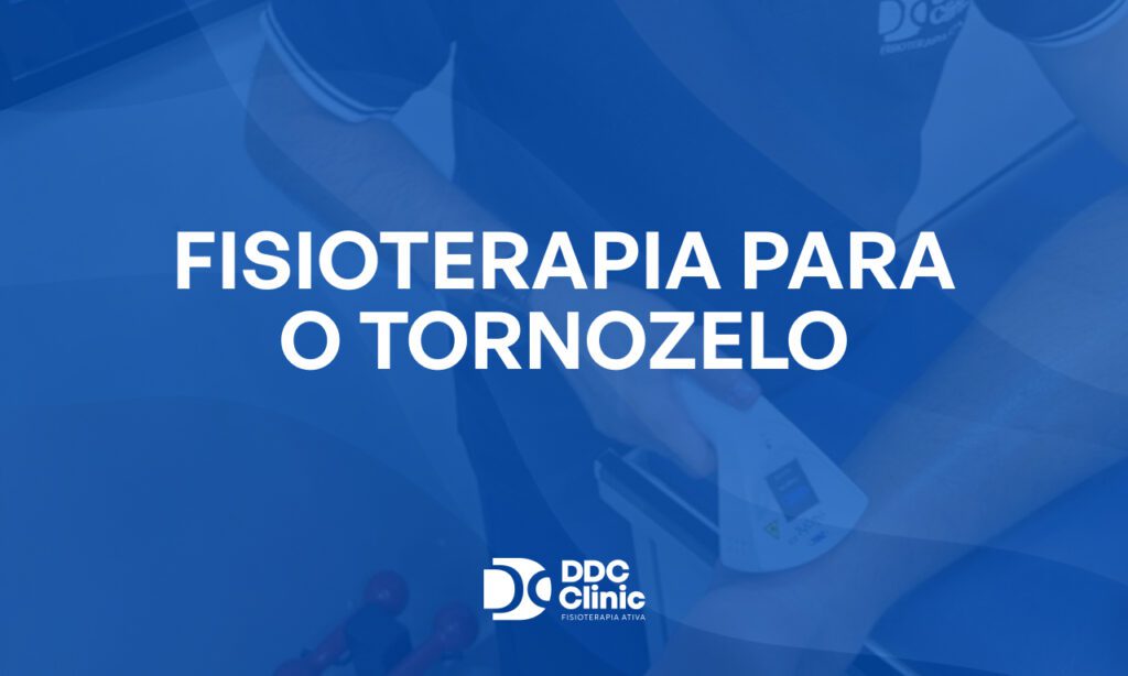 Fundo azul e com letras brancas está escrito Fisioterapia para o tornozelo