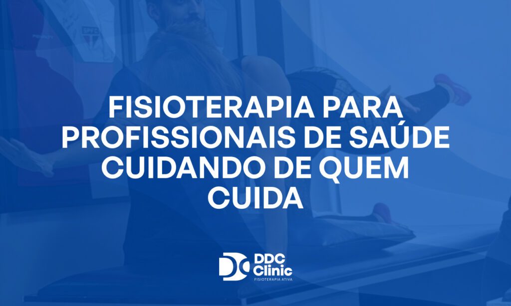 Fundo azul e com letras brancas Fisioterapia para profissionais de saúde cuidando de quem cuida
