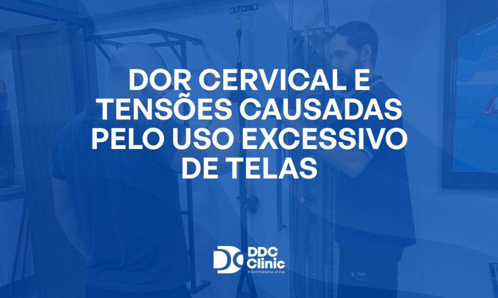Fundo azul e com letras brancas Dor cervical e tensões causadas pelo uso excessivo de telas