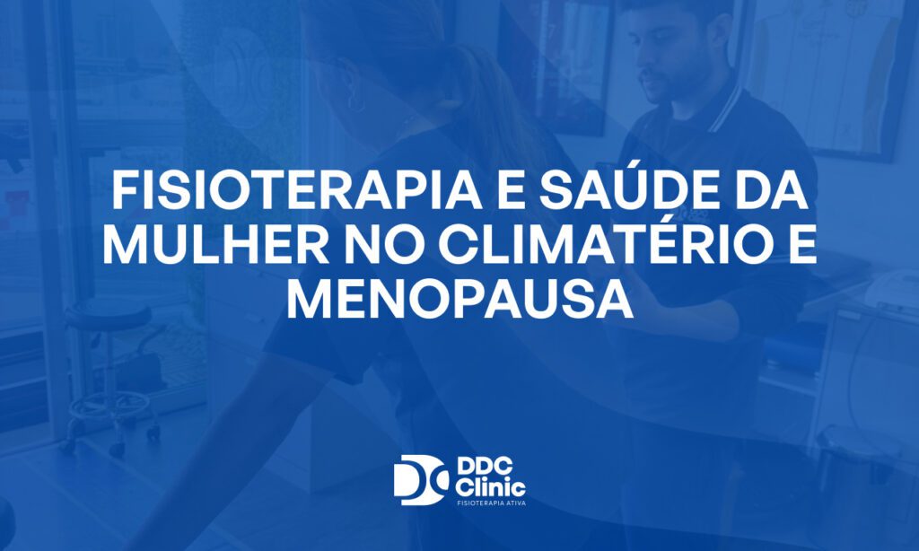 Fundo azul e com letras brancas Fisioterapia e saúde da mulher no climatério e menopausa