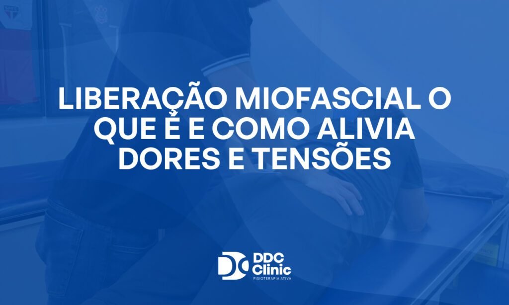 Fundo azul e com letras brancas Liberação miofascial o que é e como alivia dores e tensões