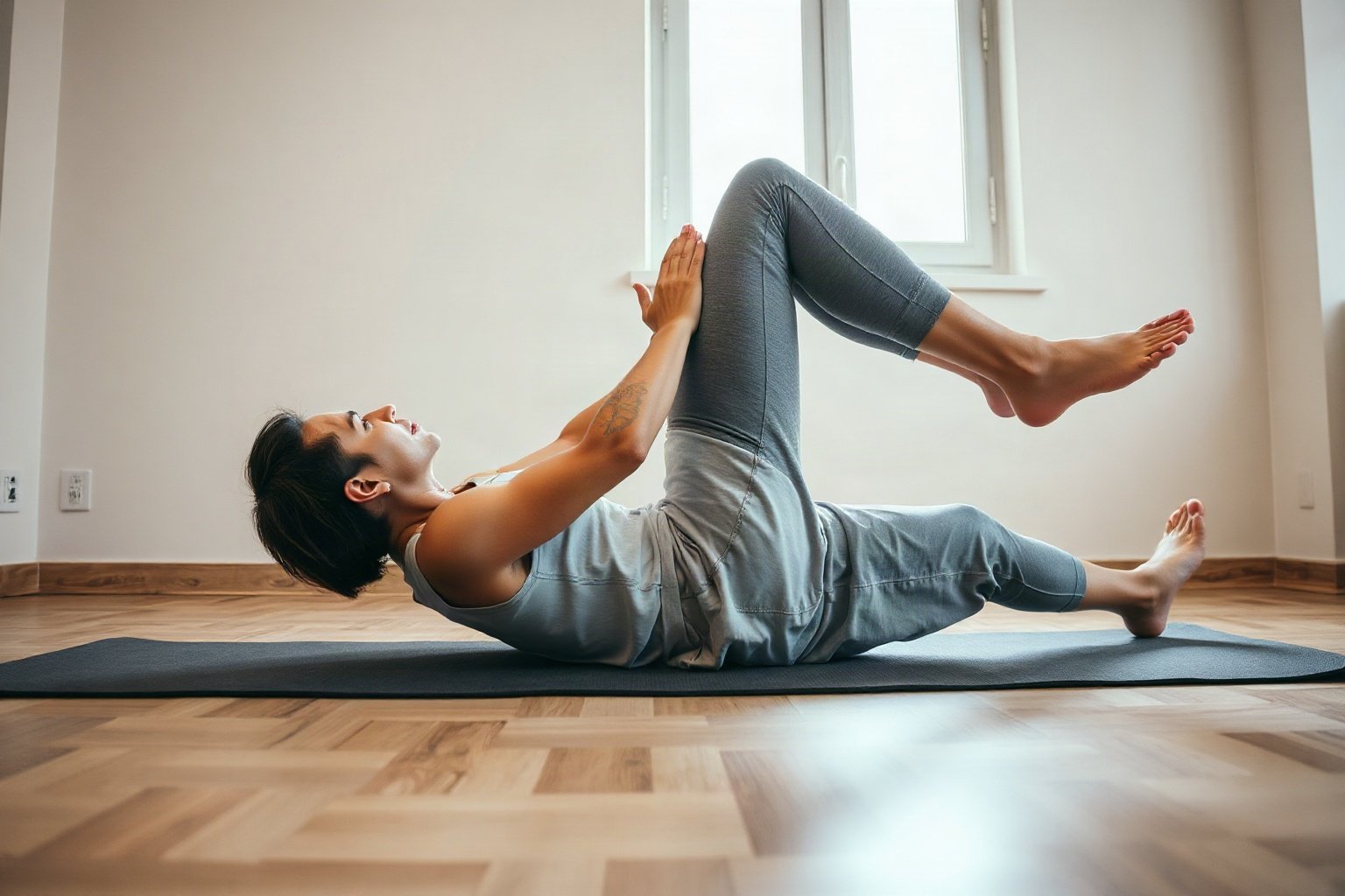 Paciente realizando exercício de estabilização para recuperação da hérnia de disco com orientação de fisioterapeuta