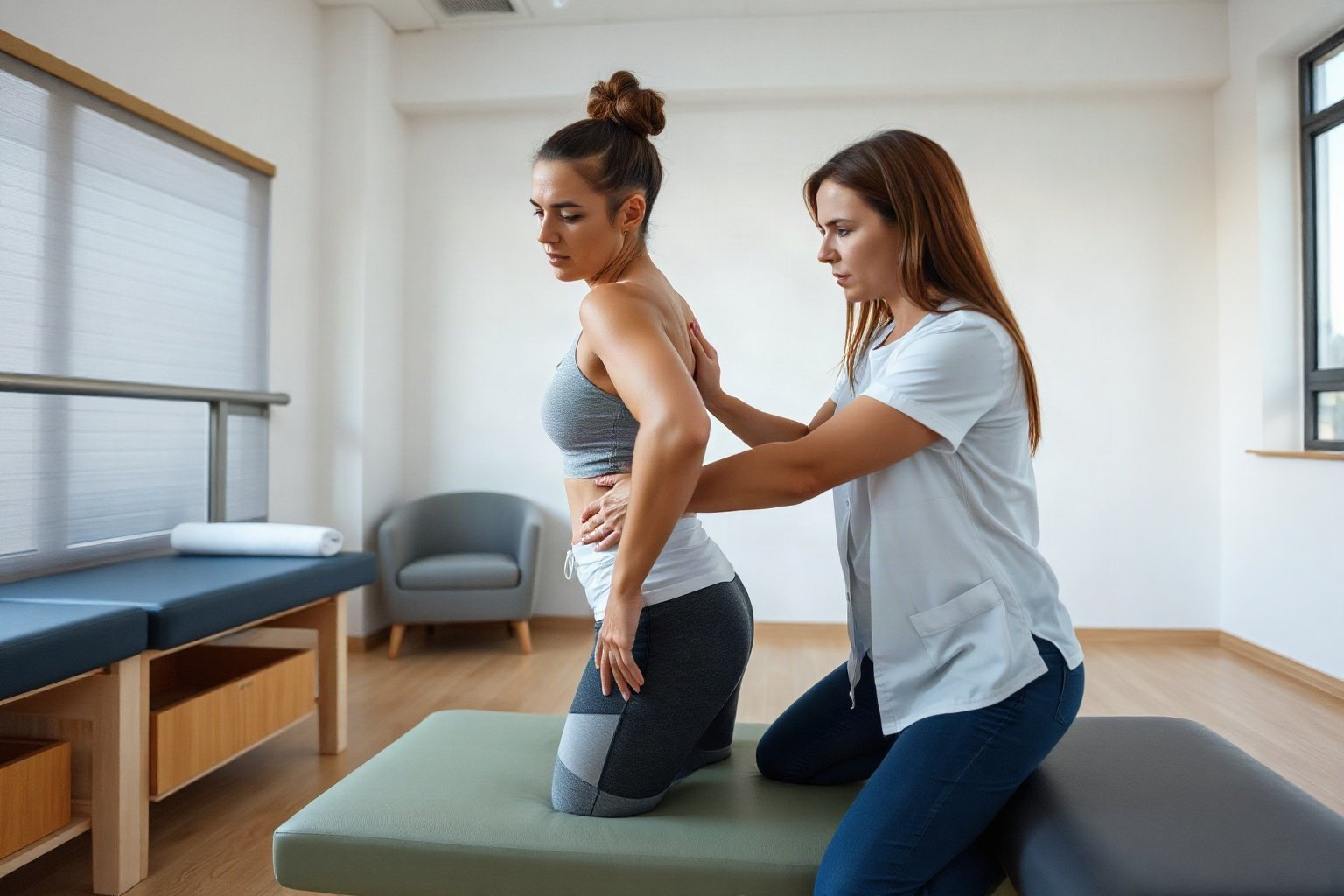 Sessão prática de tratamento de fisioterapia alphaville com exercício supervisionado de estabilização e educação postural do