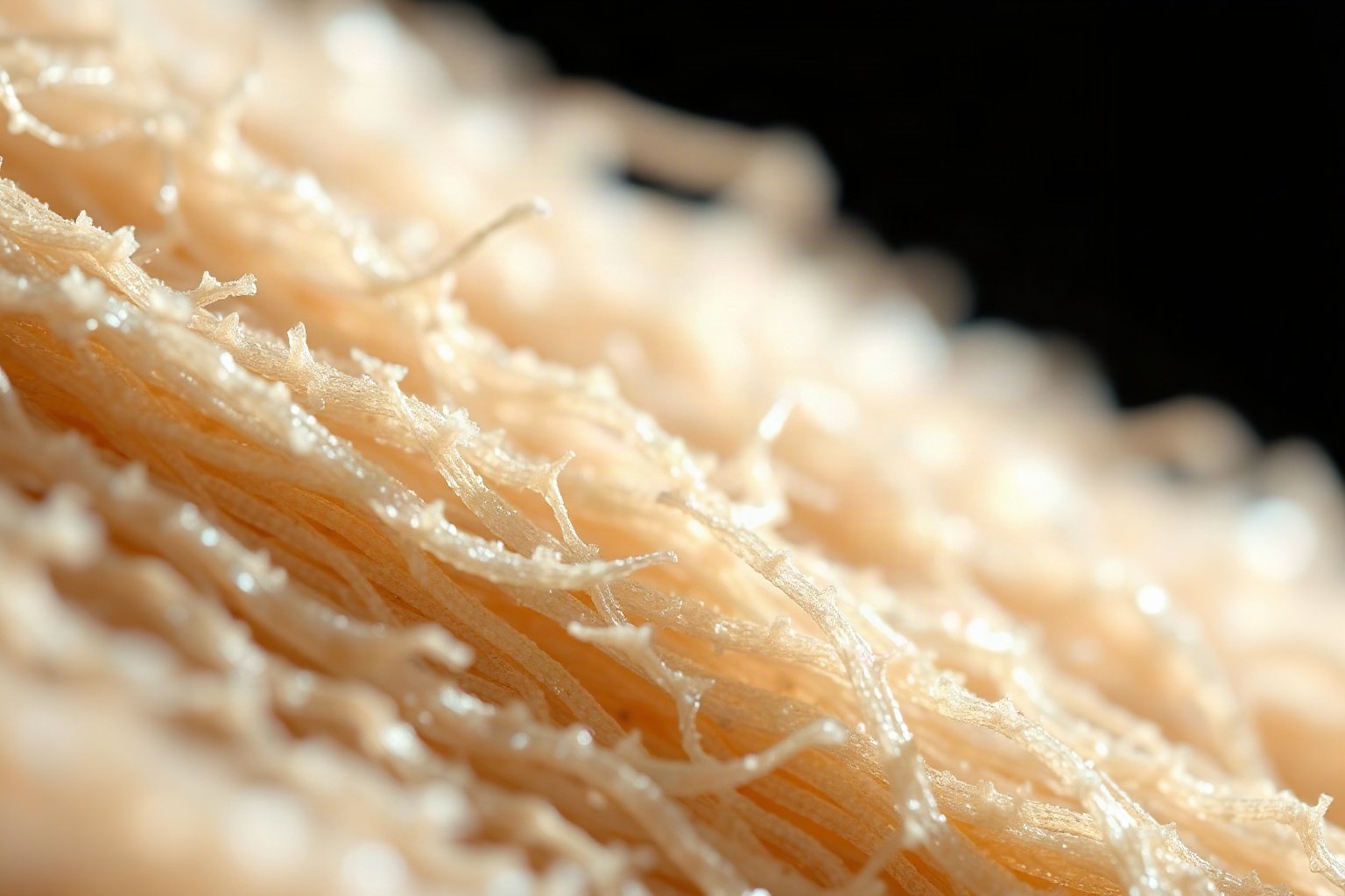 Detalhe macro de fibras colágenas em processo de cicatrização de tendinite, mostrando estrutura do tendão