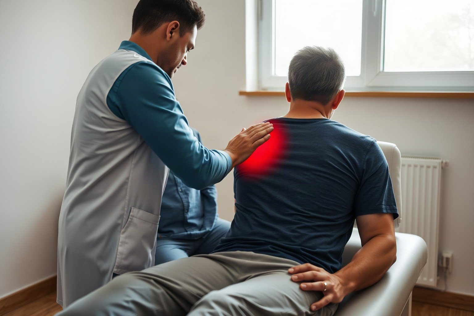 Fisioterapeuta avaliando dor lombar através de palpação clínica de coluna vertebral