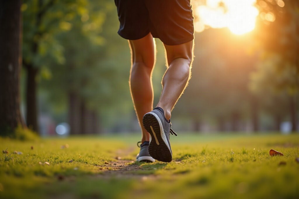 Corredor fazendo alongamento de panturrilha em parque para recuperação de exercícios canelite
