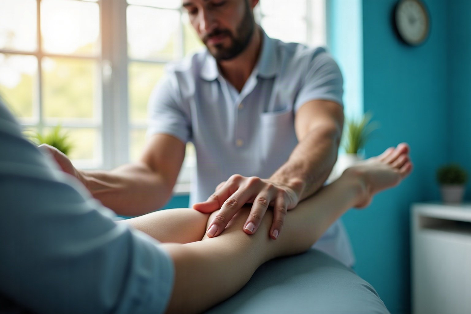 Fisioterapeuta realizando tratamento bursite com mobilização manual no ombro do paciente em clínica de saúde