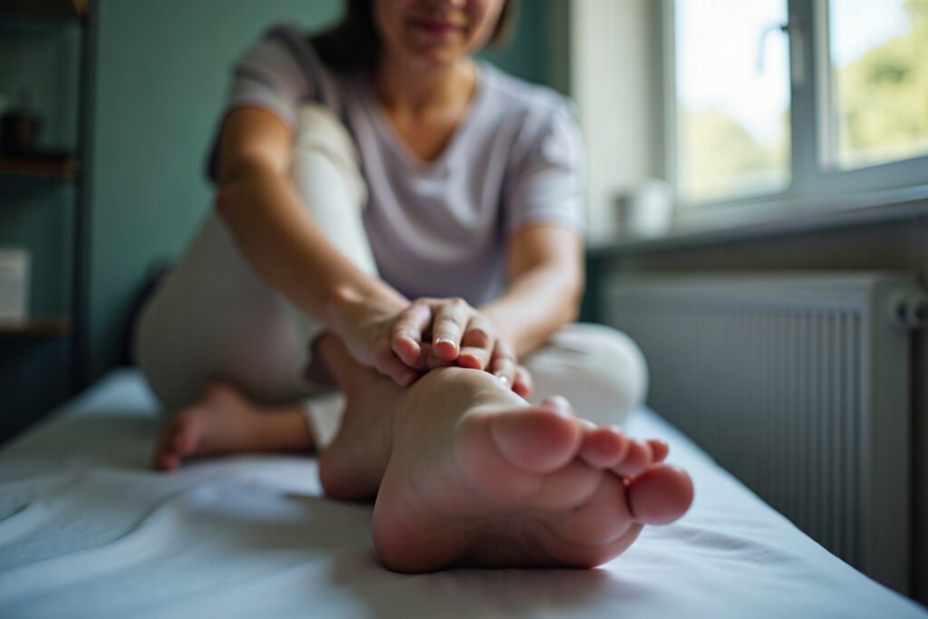 Fotografia realista de pé com dor no calcanhar: pessoa segurando região inflamada durante exame sobre fascite plantar causas
