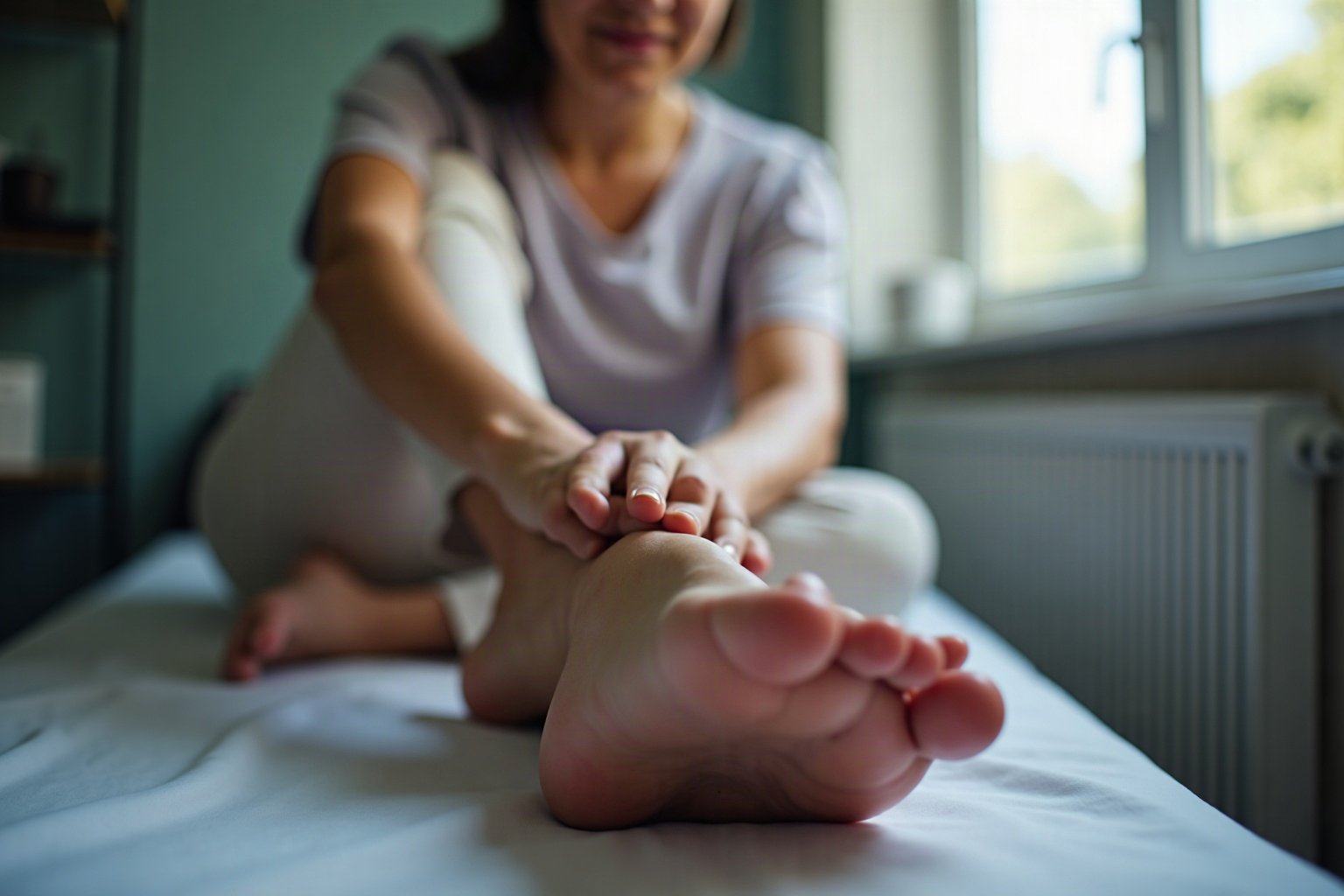 Fotografia realista de pé com dor no calcanhar: pessoa segurando região inflamada durante exame sobre fascite plantar causas