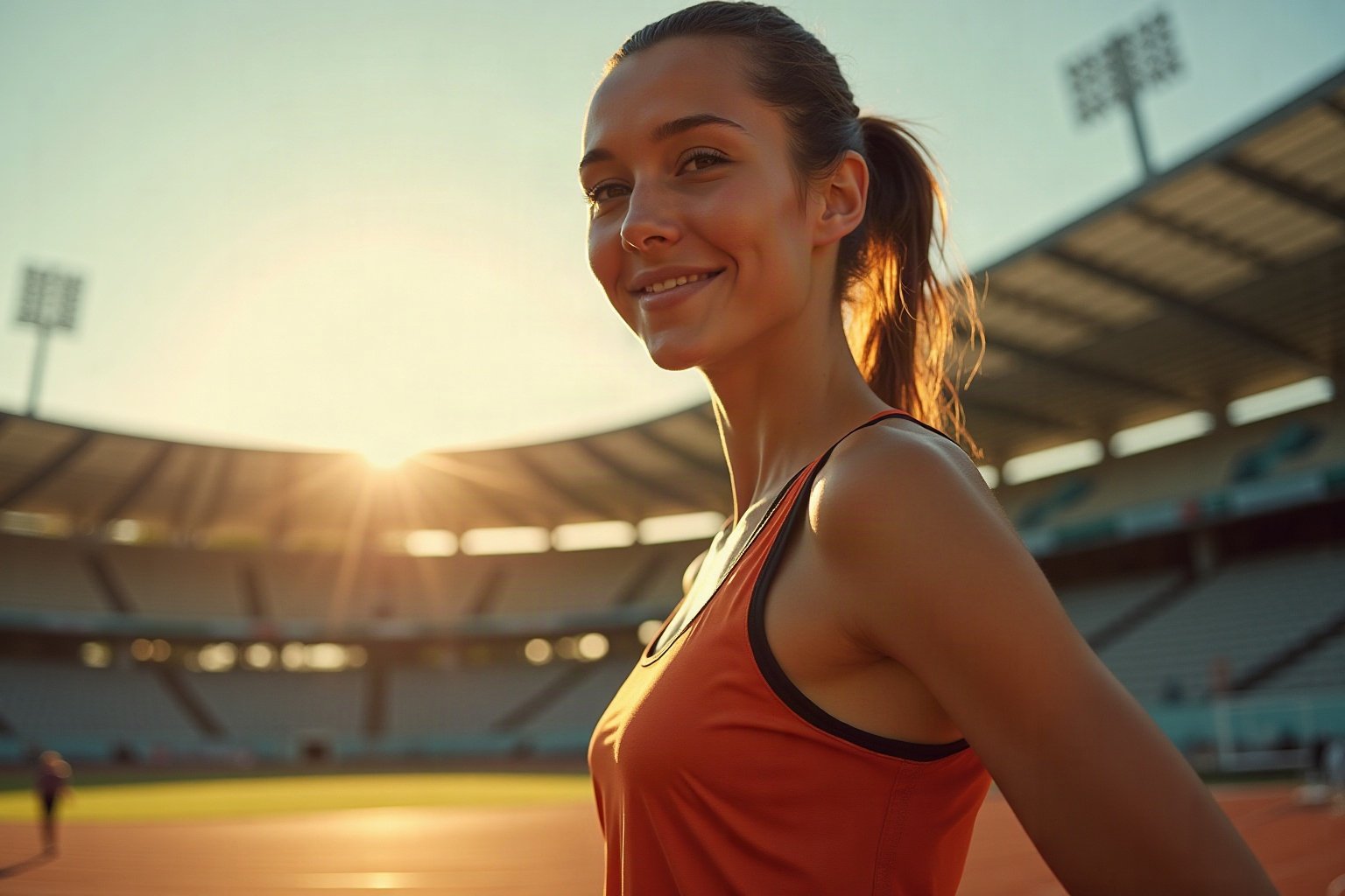 Atleta executando exercícios de aquecimento esportivo com rotação dinâmica de braço antes do treino, luz natural matinal em