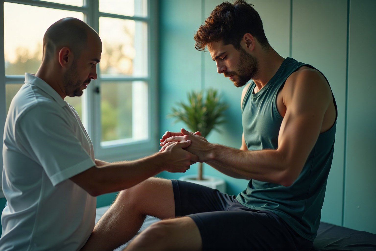 Fisioterapeuta realizando teste de mobilidade em tornozelo de atleta para avaliação de prevenção de lesões em atletas