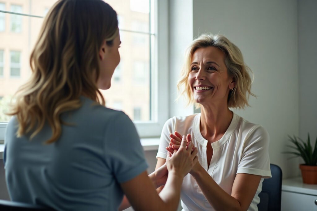 Fisioterapia ombro: profissional avaliando amplitude de movimento do paciente em consultório com luz natural