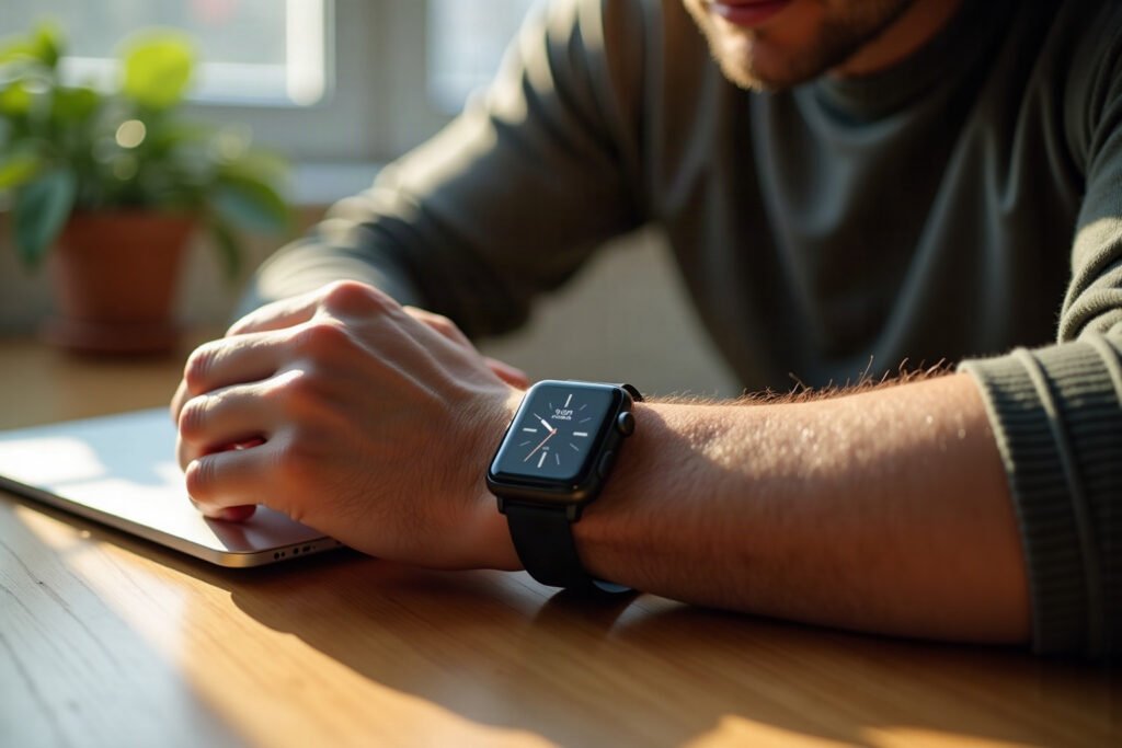 Homem adulto monitorando saúde preventiva hábitos via smartwatch em ambiente calmo