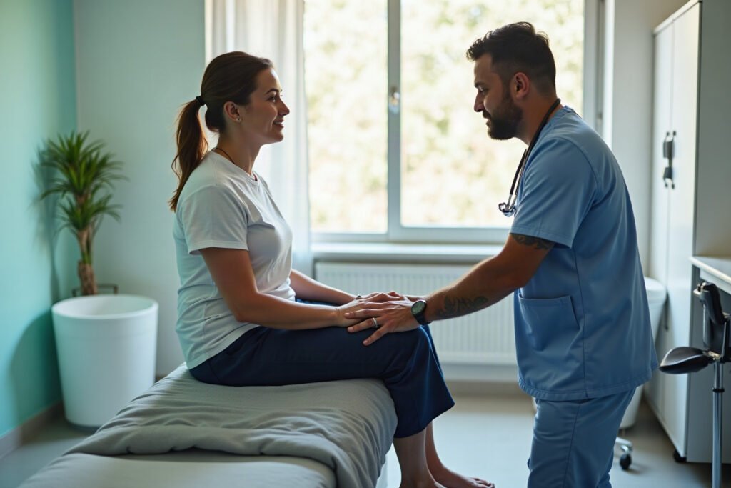 Fisioterapeuta realizando avaliação postural de paciente na clínica de fisioterapia Santo André com luz natural