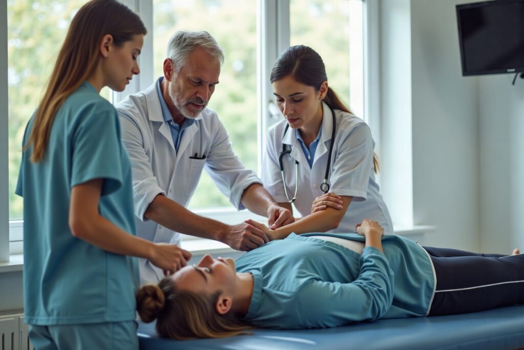 Equipe da DDC Clinic como funciona: fisioterapeuta e médico realizando avaliação integrada multidisciplinar em paciente