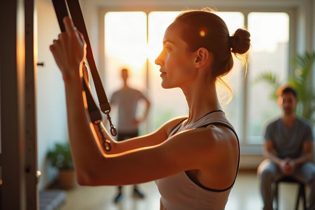 Mulher realizando exercícios após câncer de mama com halter sob supervisão de fisioterapeuta em clínica de reabilitação