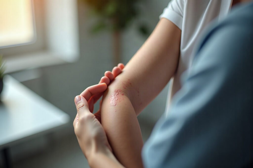 Fisioterapeuta examinando fibrose após radioterapia em ombro de paciente durante avaliação clínica de mobilidade