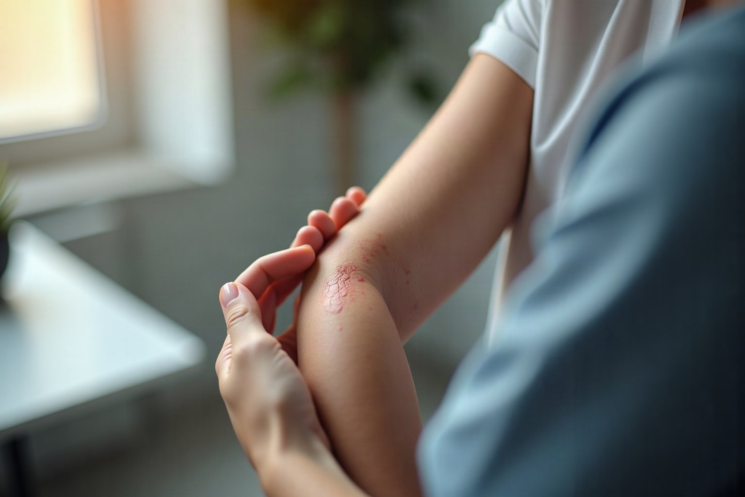 Fisioterapeuta examinando fibrose após radioterapia em ombro de paciente durante avaliação clínica de mobilidade