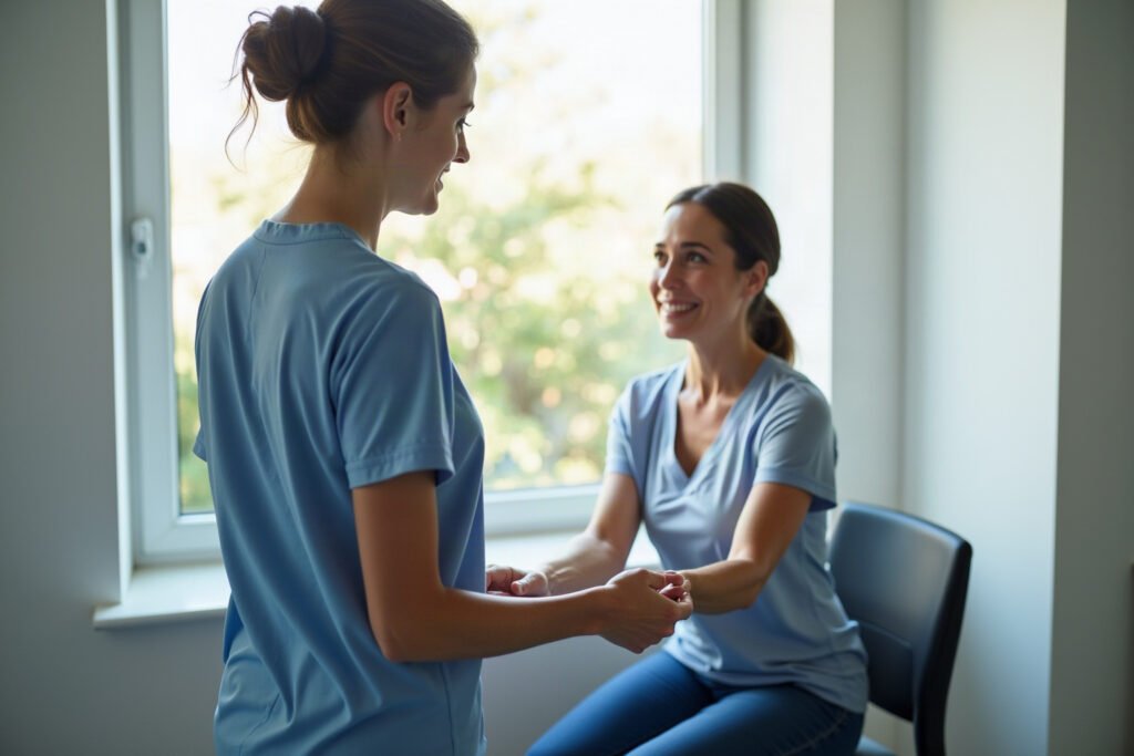 Fisioterapia antes cirurgia: profissional orienta paciente em exercício de mobilidade escapular preventivo