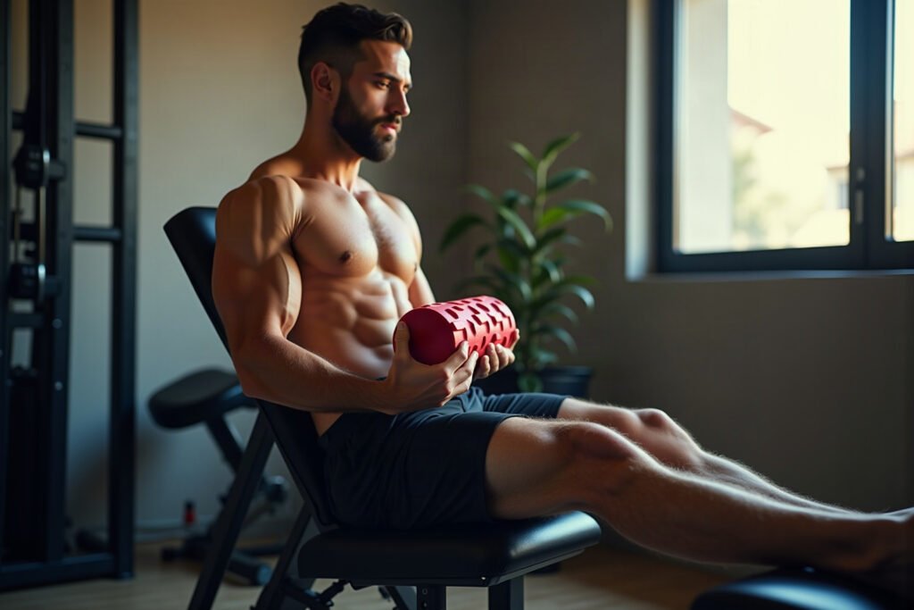Homem aplicando foam roller em coxa para aliviar dor muscular pós-treino durante recuperação