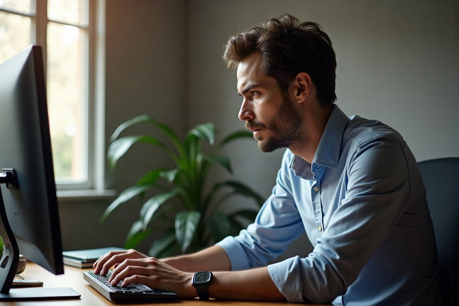 Homem sentado à mesa de trabalho mostrando má postura e dor nas costas trabalho sentado, com coluna curvada e ombros