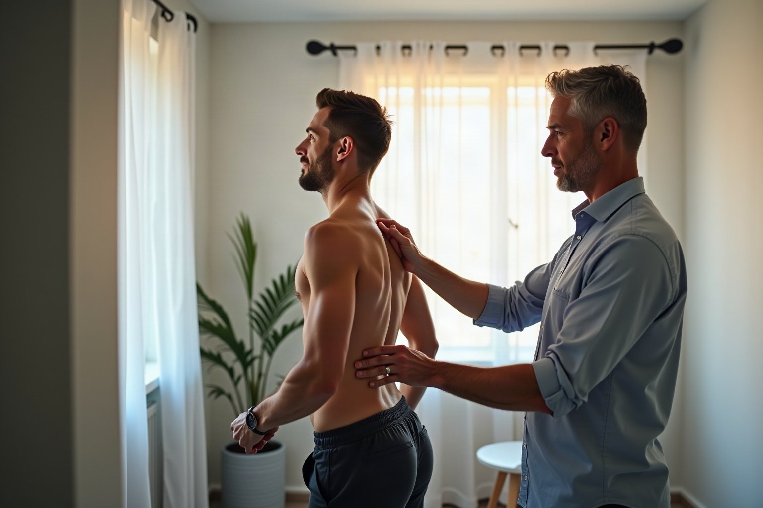Fisioterapeuta avalia postura de paciente adulto em consultório, demonstrando avaliação de fisioterapia preventiva antes de