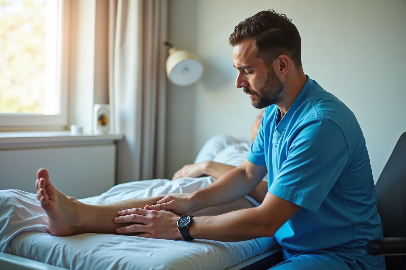 Fisioterapeuta realizando exercício de mobilização em paciente durante fisioterapia pós-lesão progressão em ambiente clínico