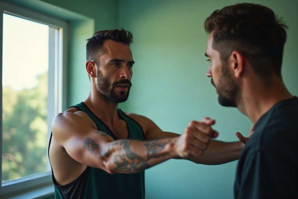 Atleta em teste funcional de retorno ao esporte após lesão com fisioterapeuta em clínica de reabilitação
